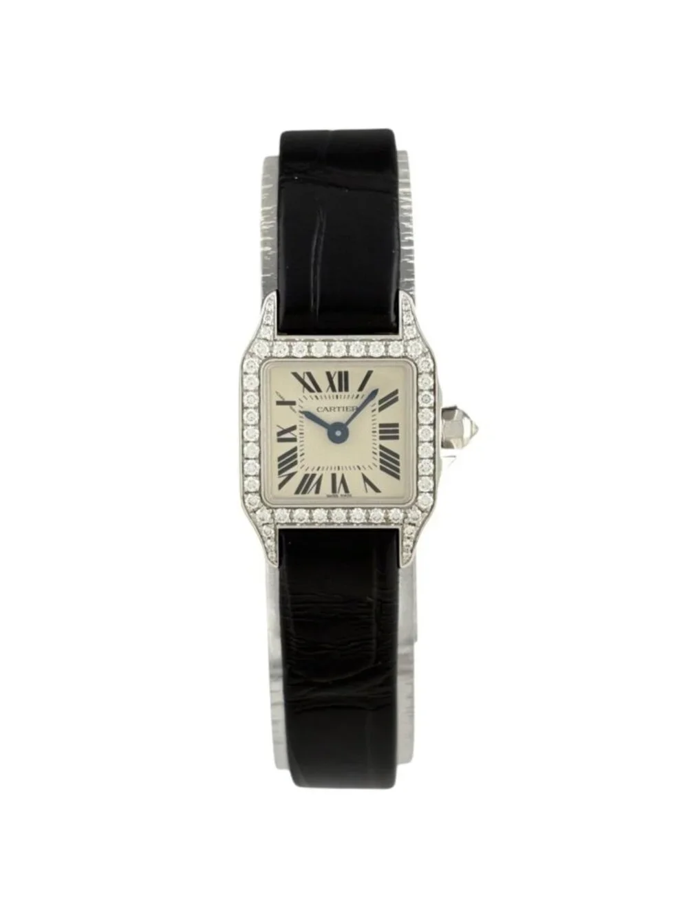 Cartier Santos Mini Watch WG Diamond Leather Quartz Silver